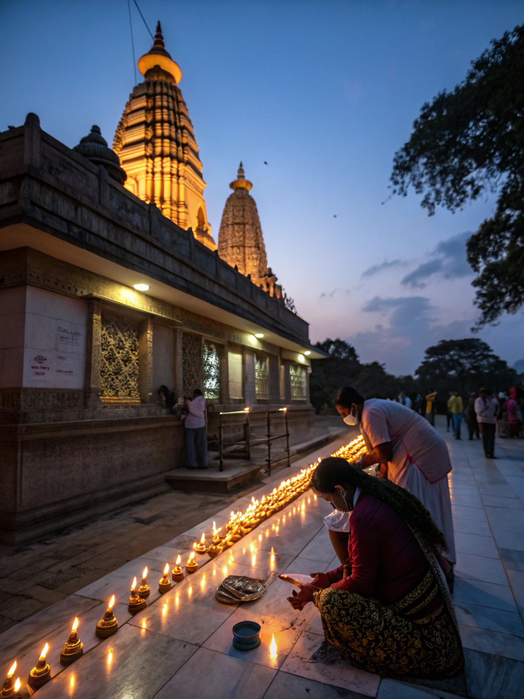 Shiv temple sanctum during twilight evening aarti with glowing brass diyas and offering flowers